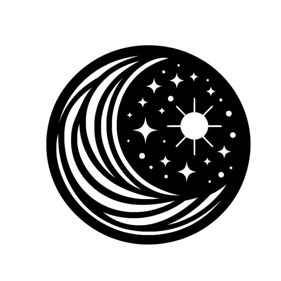 Celestial Monochrome A Circular Composition of Crescent, Stars, and Sun Symbolizing Day and Night Contrast. vector