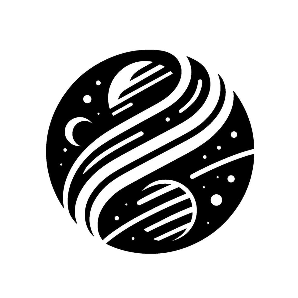 Black and White Orbital Celestial Graphic A Stylized Representation of Planets, Moons, and Cosmic Trails within a Spherical Form. vector