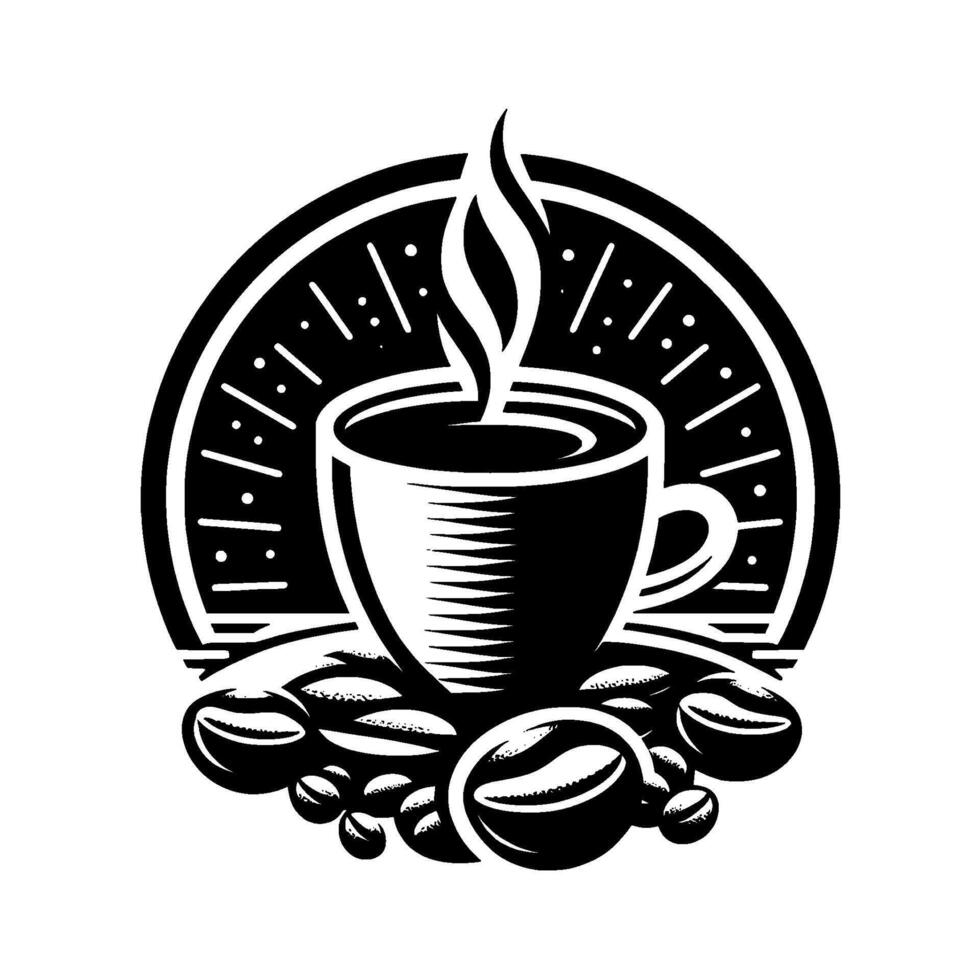 Monochromatic Coffee Design Steaming Cup, Beans, Circular Badge, Bold Graphic, Espresso, Aroma, Caffeine, Drink, Cafe vector