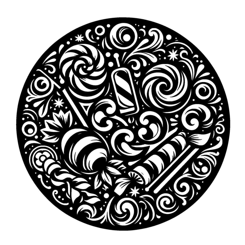 Ornate Black and White Circular Illustration Featuring Swirls, Floral Elements, and Symbolic Objects in a Decorative vector