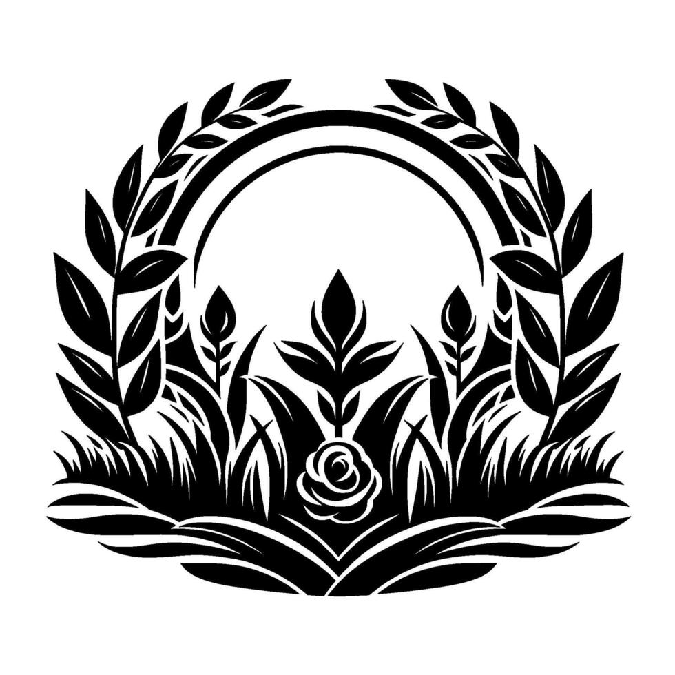 Elegant black and white floral crest featuring an arch with foliage, flower buds, rose, and tall grass. vector