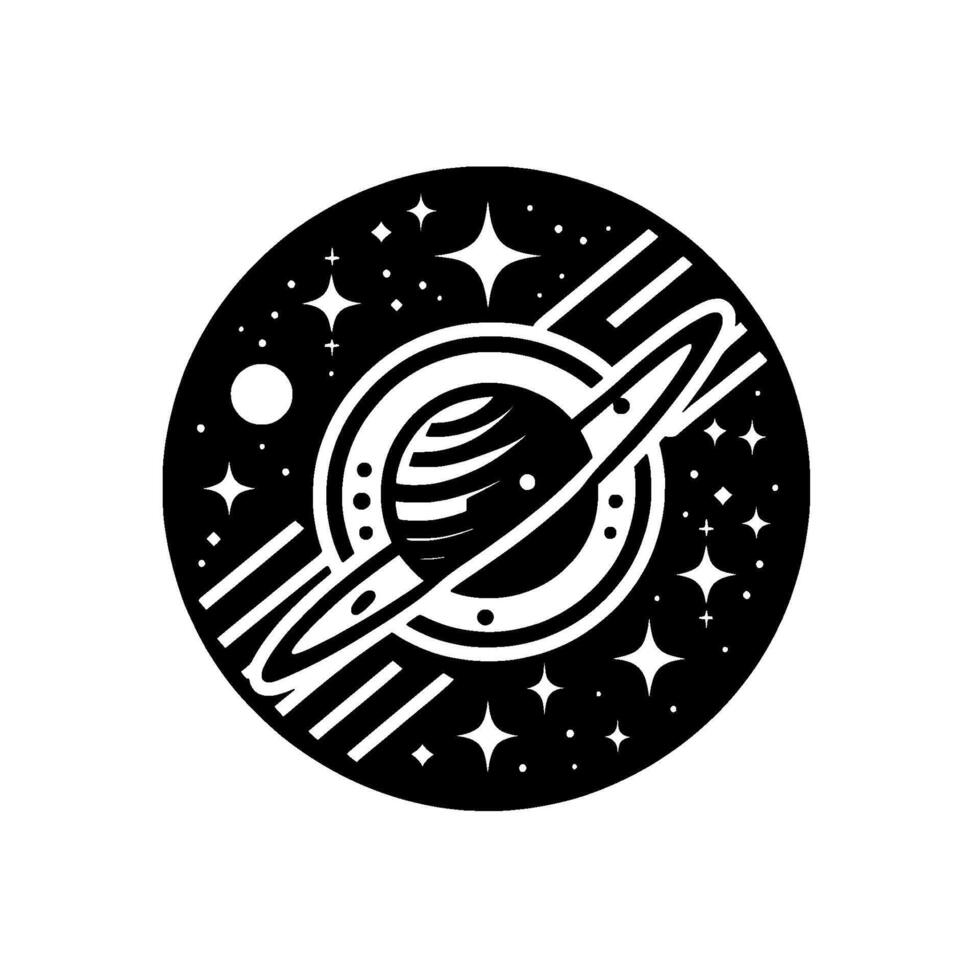 A minimalist of a Saturnlike planet encircled by rings, surrounded by stars and celestial bodies within a black circle on a white background. vector