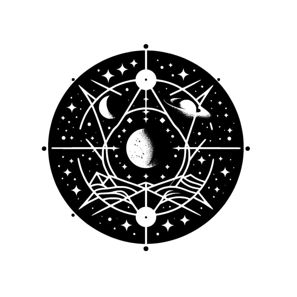 Black and white celestial mandala featuring moons, planet, stars, mountains, and sea, within geometric lines, capturing the cosmos essence. vector