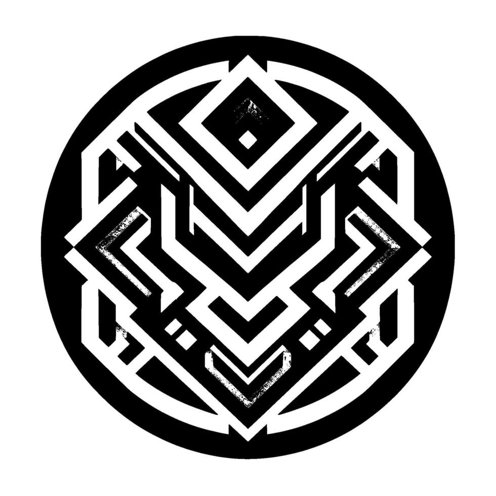 Complex geometric black, white, and gray patterned enclosed in a bold black circular frame, showcasing symmetry and depth. vector