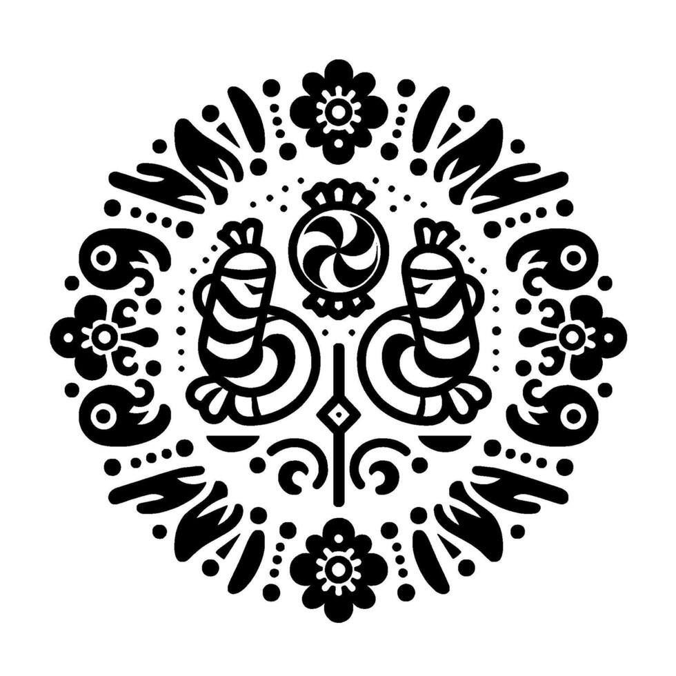 Intricate symmetrical black and white folk art featuring stylized birds, flowers, candy and hand motifs in a circular arrangement on a white background. vector