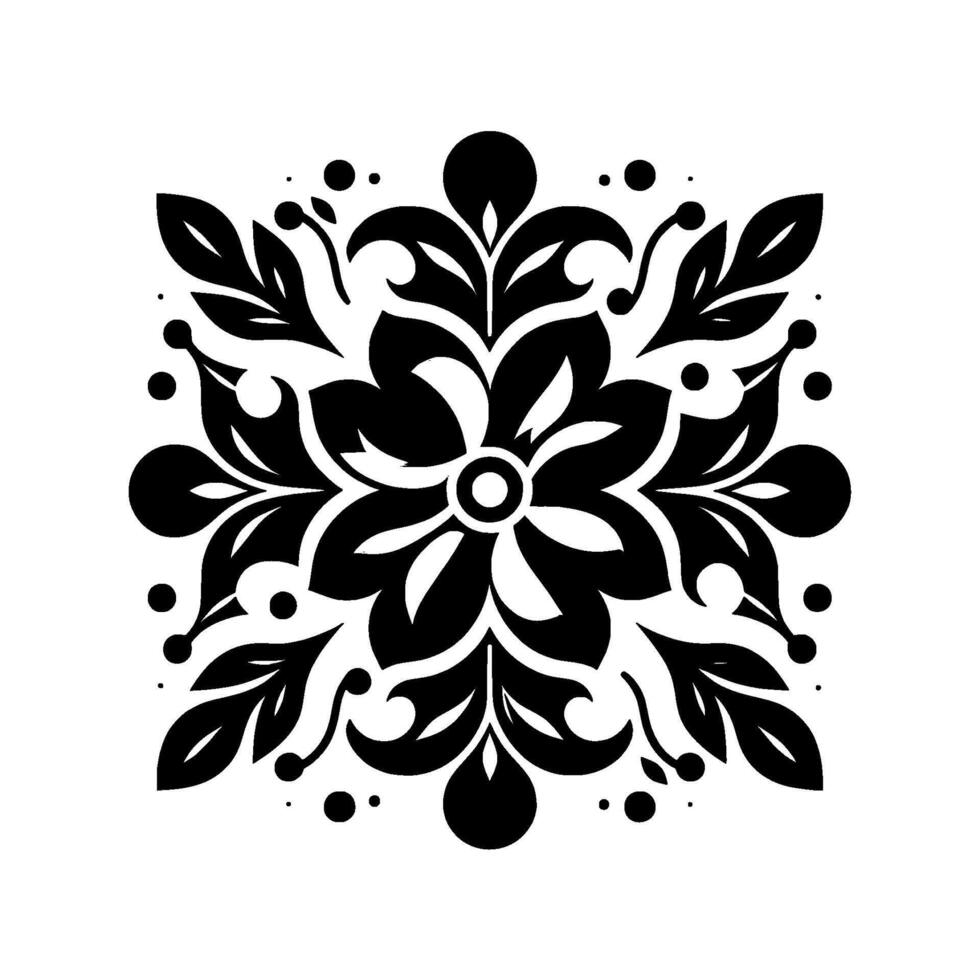 Symmetrical Black Floral Motif on White Background An Elegant, Ornamental with Leaves, Dots, and a Central Flower. vector