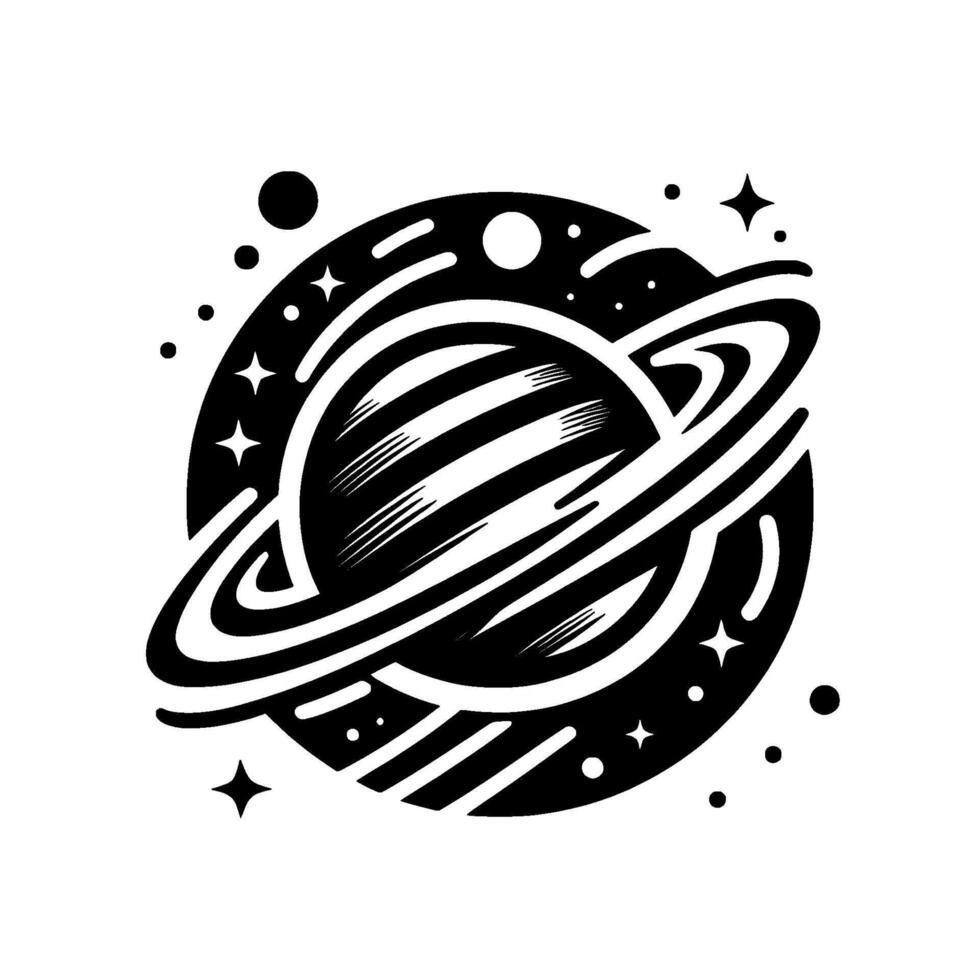 Monochromatic Saturn illustration with stylized rings, surrounded by stars and celestial elements, radiating a clean, minimalist aesthetic on a white backdrop. vector
