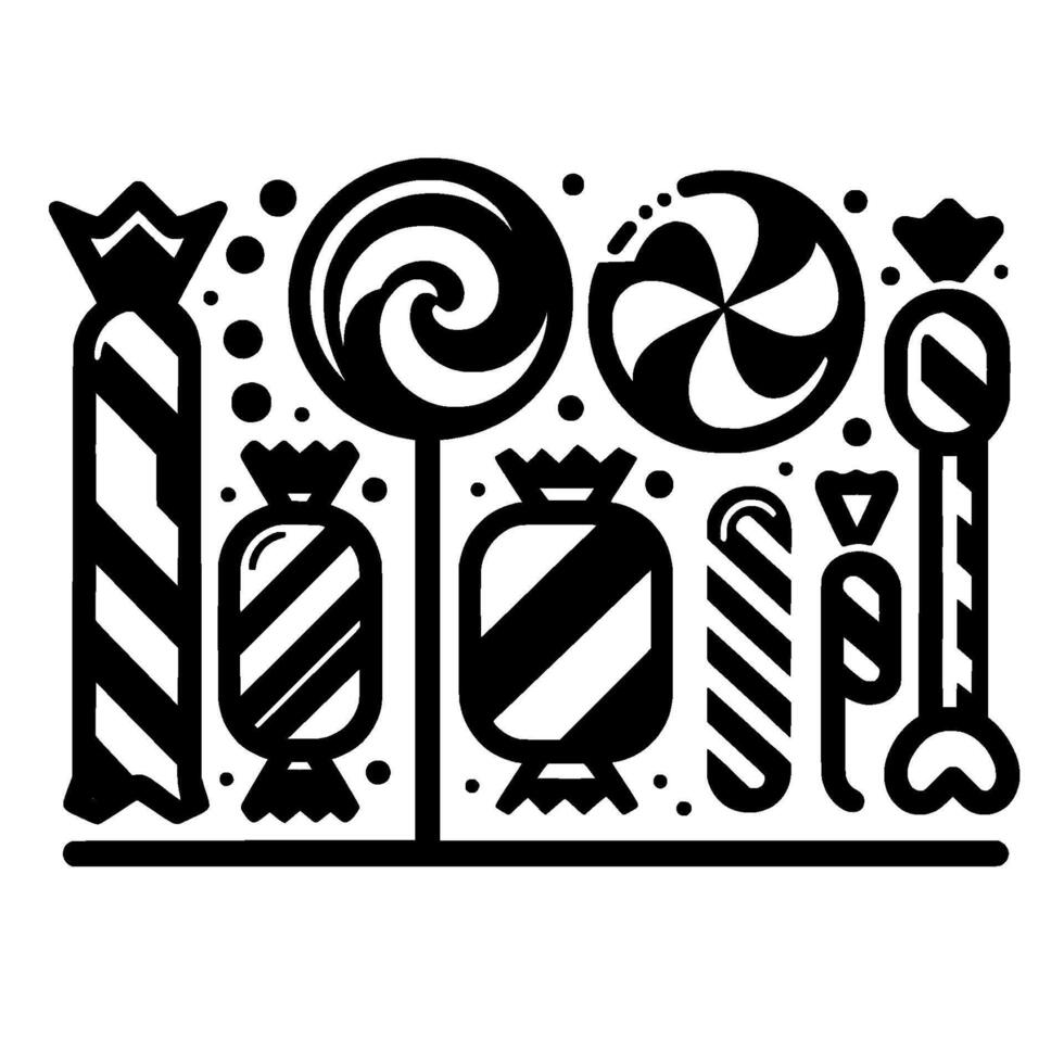 Black and White Candy Assortment Lollipops, Wrapped Sweets, and Confections in Playful Arrangement. vector