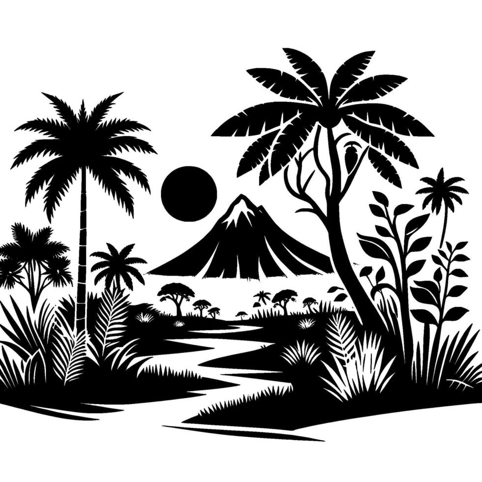 Serene Black White Tropical Silhouette Palm Trees, Mountain, River, Sun, and Lush Vegetation in a Minimalist Landscape vector