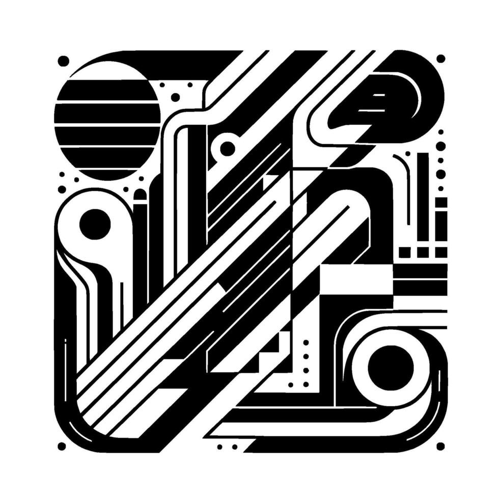 Symmetrical abstract black and white geometric with circles, lines, and shapes on a white background, creating a modern art composition. vector