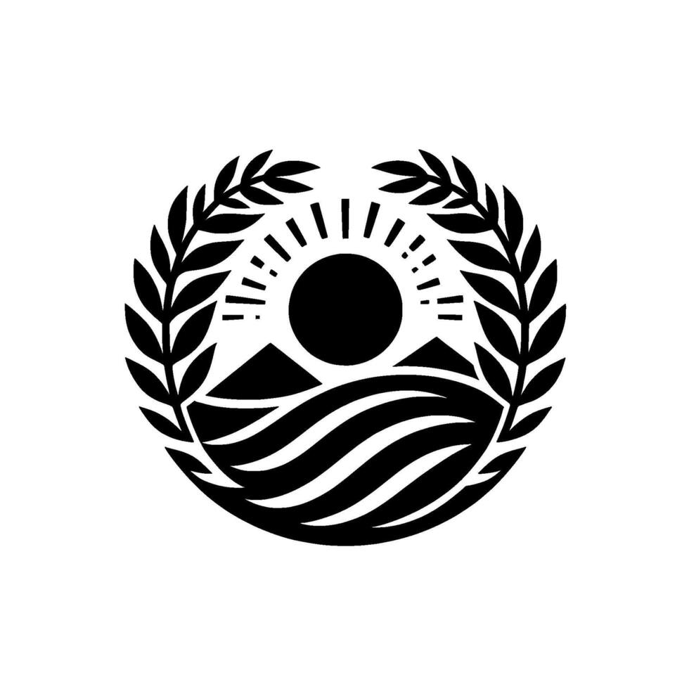 A circular, stylized black and white emblem featuring a sun, mountains, water, and olive branches, radiating natures serenity. vector