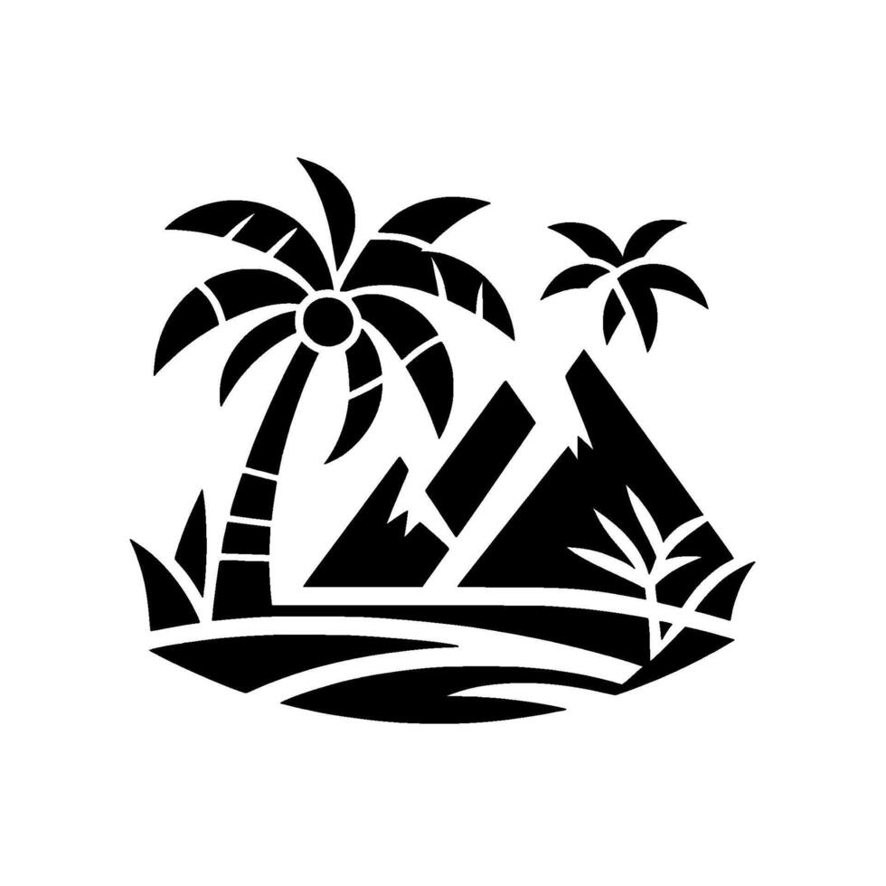 Bold Black and White Stencil Illustration of a Tropical Island Paradise, Featuring Palm Trees, Mountains, and Lush Vegetation. vector