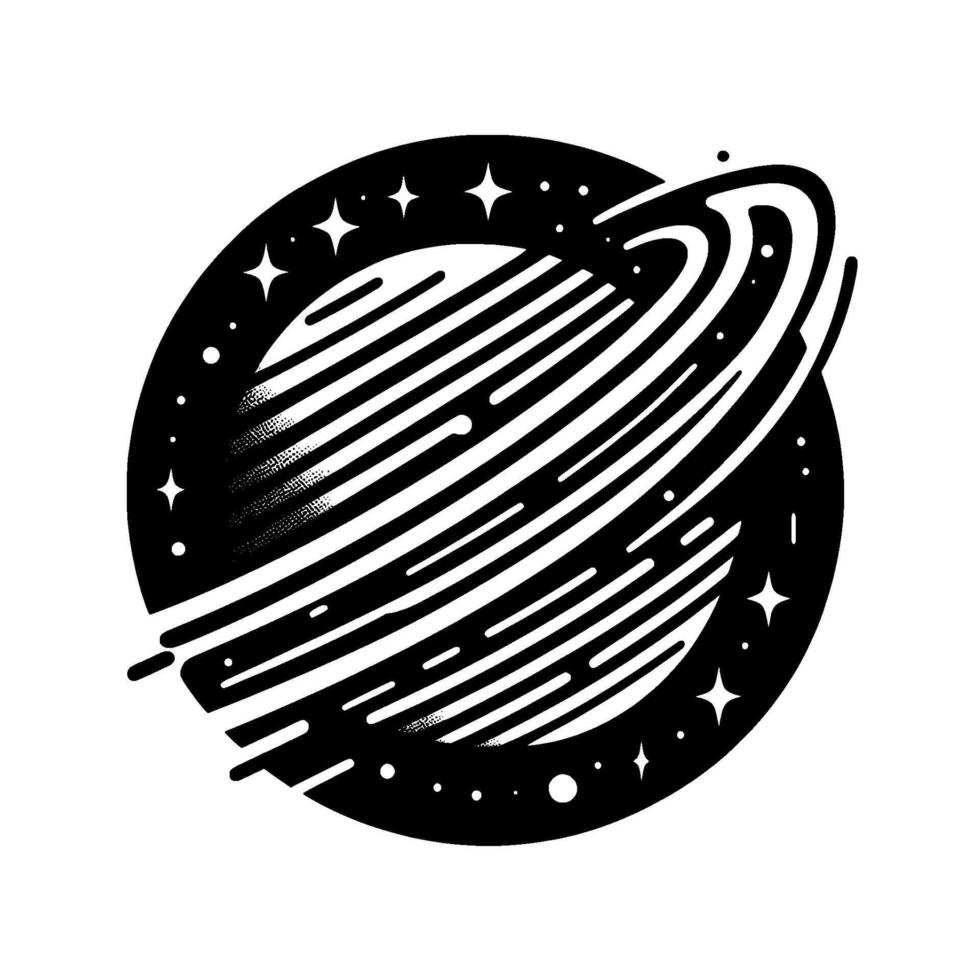 Artistic black and white illustration featuring a stylized planet with swirling rings, surrounded by stars and a cosmic ring, evoking a sense of cosmic wonder. vector