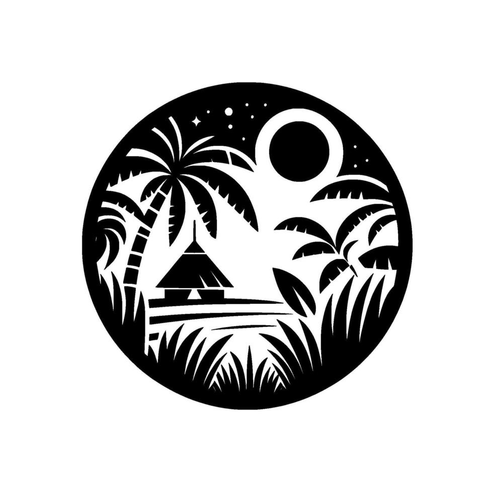 Silhouette of a tropical island scene in a circular frame, featuring palm trees, a hut, moon, stars, and foliage. vector