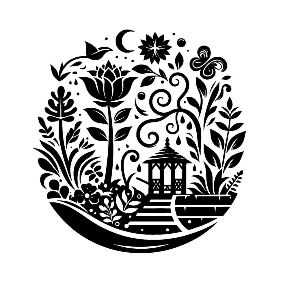 Intricate Black and White Garden Illustration Lotus, Pagoda, Butterfly, and Floral Motifs in a Circular Composition, Evoking Tranquility. vector