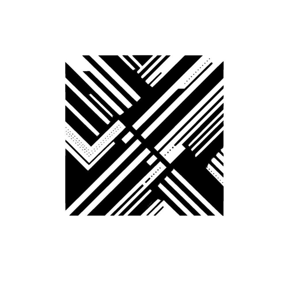Abstract geometric square composition in black and white featuring layered diagonal lines, dots, and rectangular elements. vector
