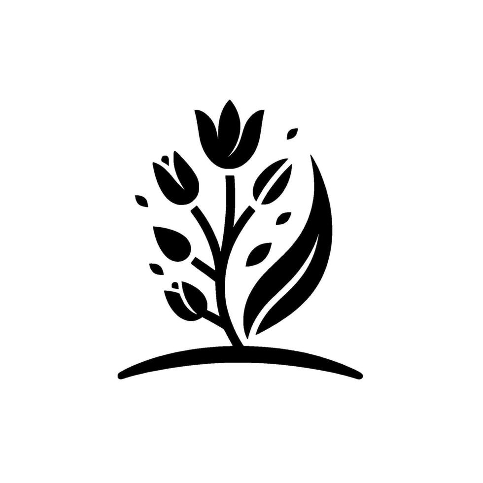 Minimalist Black and White Floral Logo Stylized Tuliplike Flower with Leaves on a Curved Base, Isolated on White. vector