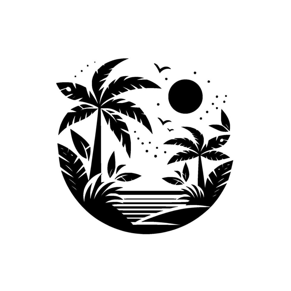 Monochrome Tropical Paradise Palm Trees, Sun, Birds, and Lush Foliage in a Circular Emblem on White. vector