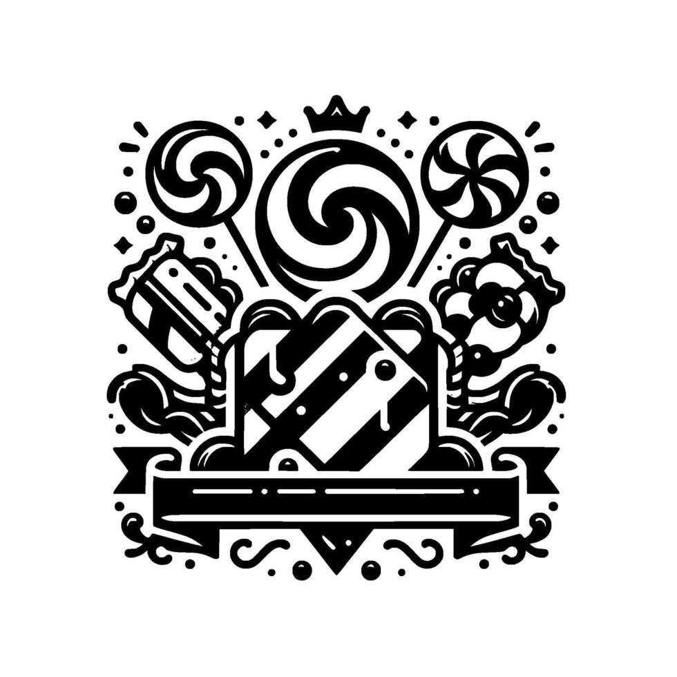 Black and white illustration a confectionery emblem with lollipops, candies, a crown and a ribbon. vector