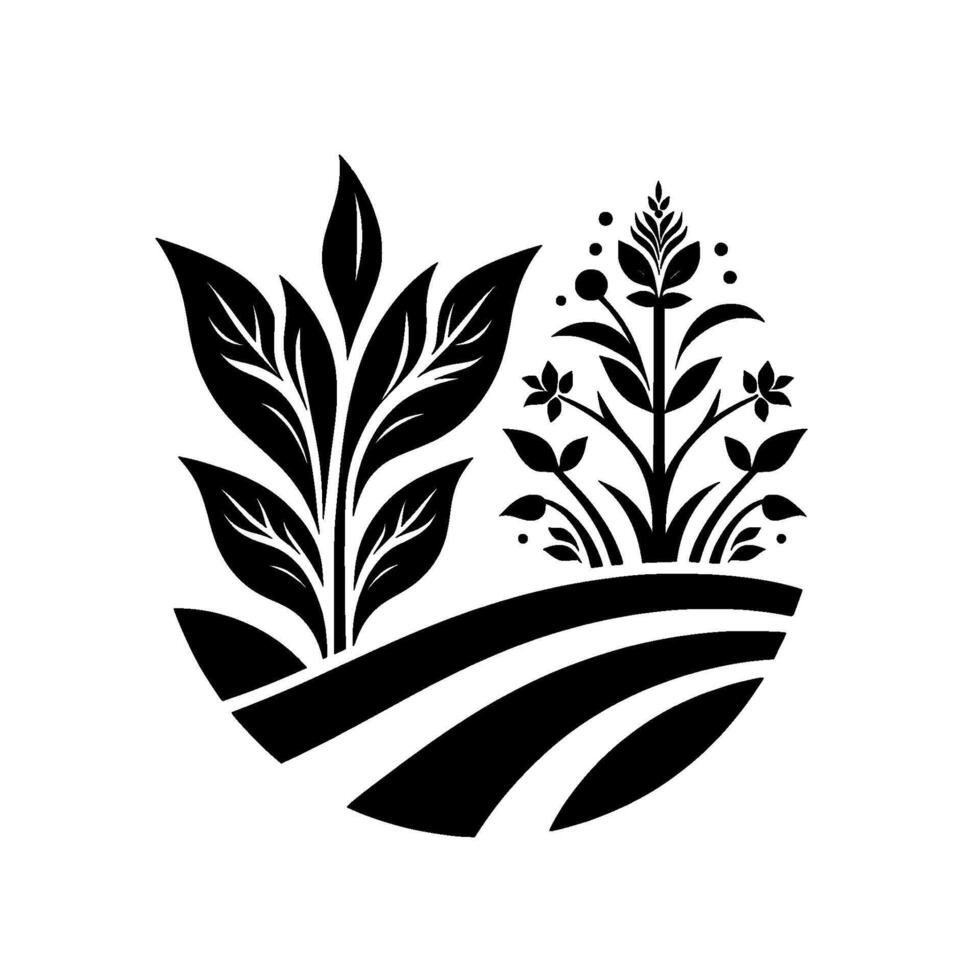 Simplified monochrome of stylized tobacco plants flourishing in a stylized agricultural field set inside an oval shape. vector
