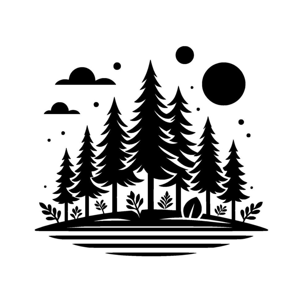 Silhouette of a serene forest scene evergreen trees on a striped land, with clouds, dots, and celestial orbs, evoking nature and simplicity. vector