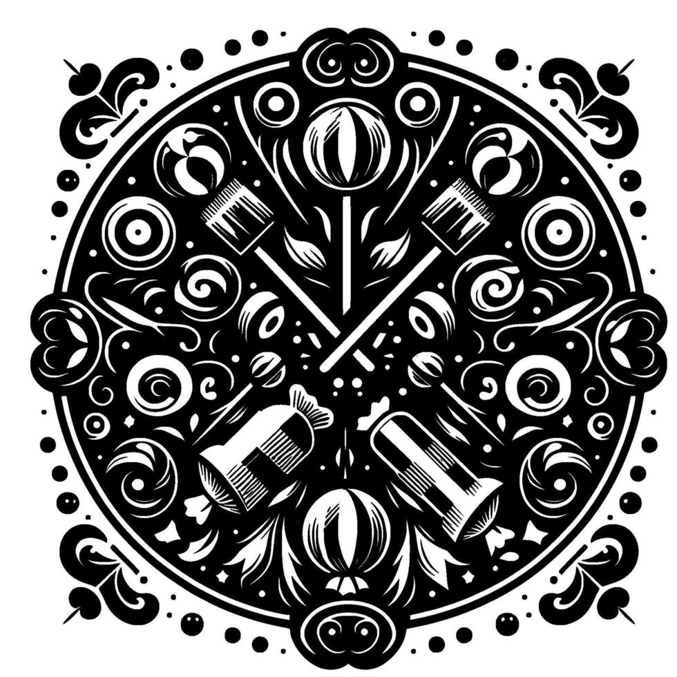 Symmetrical black and white circular featuring stylized sweets, tools, floral elements, and geometric shapes. vector