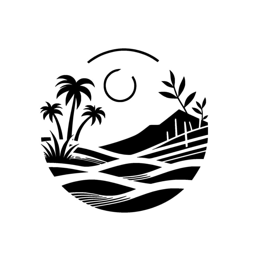 Black and White Circular of Tropical Landscape Palm Trees, Mountain, Sun, Water, and Vegetation. vector