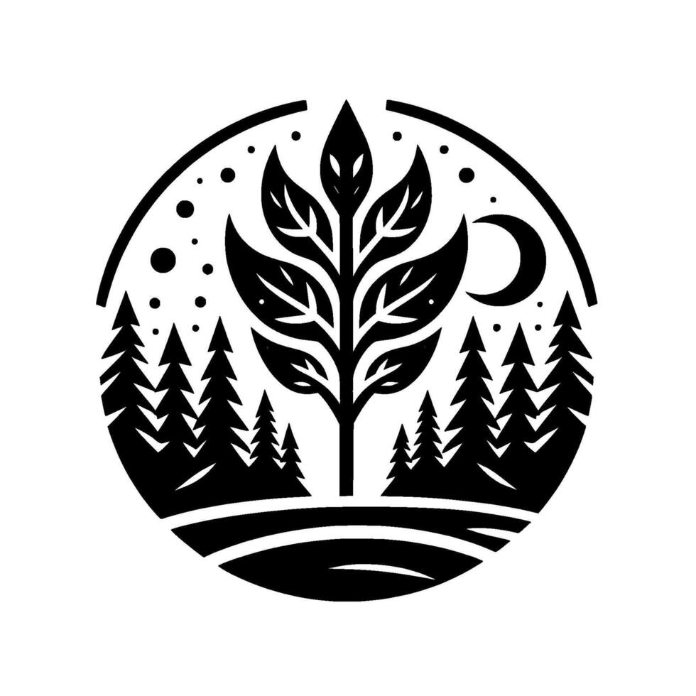 Circular Black and White Nature Illustration Central Tree, Evergreen Forest Silhouette, Crescent Moon, Night Sky, and Landscape. vector