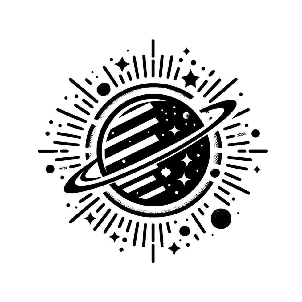 Abstract stylized illustration of a planet with stripes, stars, and rings, surrounded by a radiant burst of lines and dots, in monochrome. vector