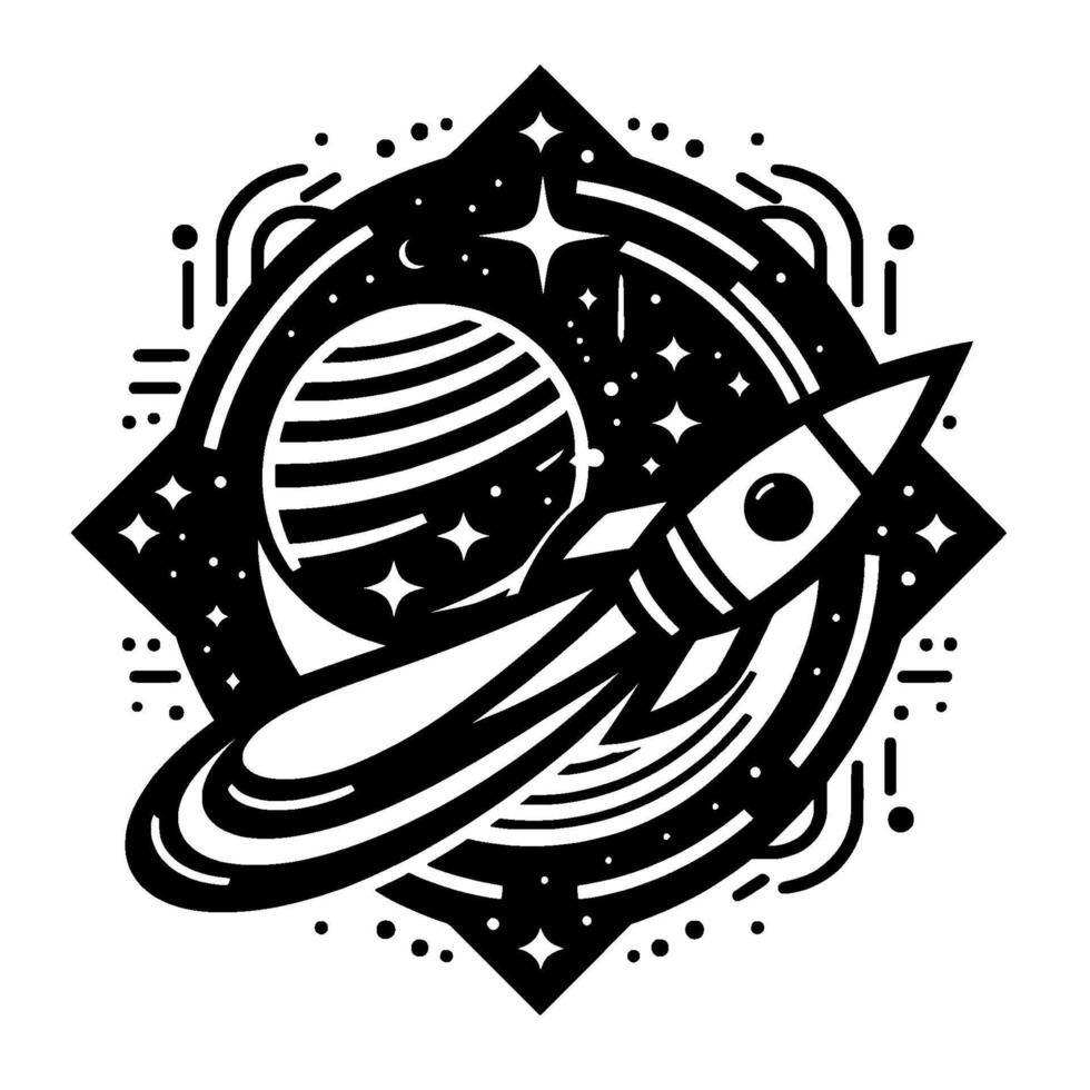 Black and white minimalist illustration Rocket blasting off past a striped planet encircled by stars, within a diamond frame. vector