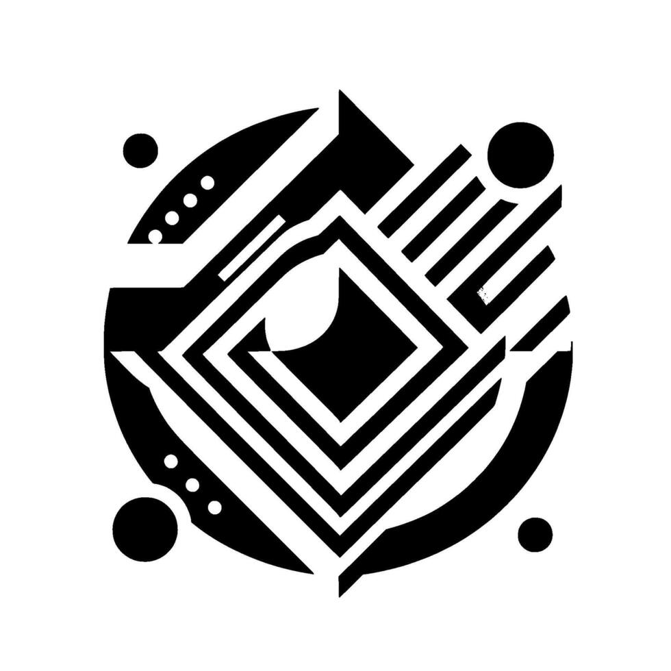 Geometric abstract artwork featuring a central diamondshaped surrounded by black and white circular and angular elements on a white background. vector