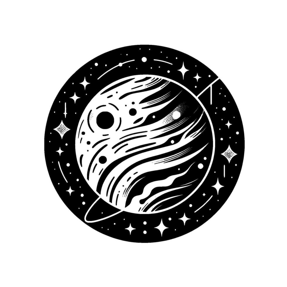 Celestial Illustration A swirling, ringed planet in a starry cosmos, rendered in bold black and white, evoking cosmic wonder. vector