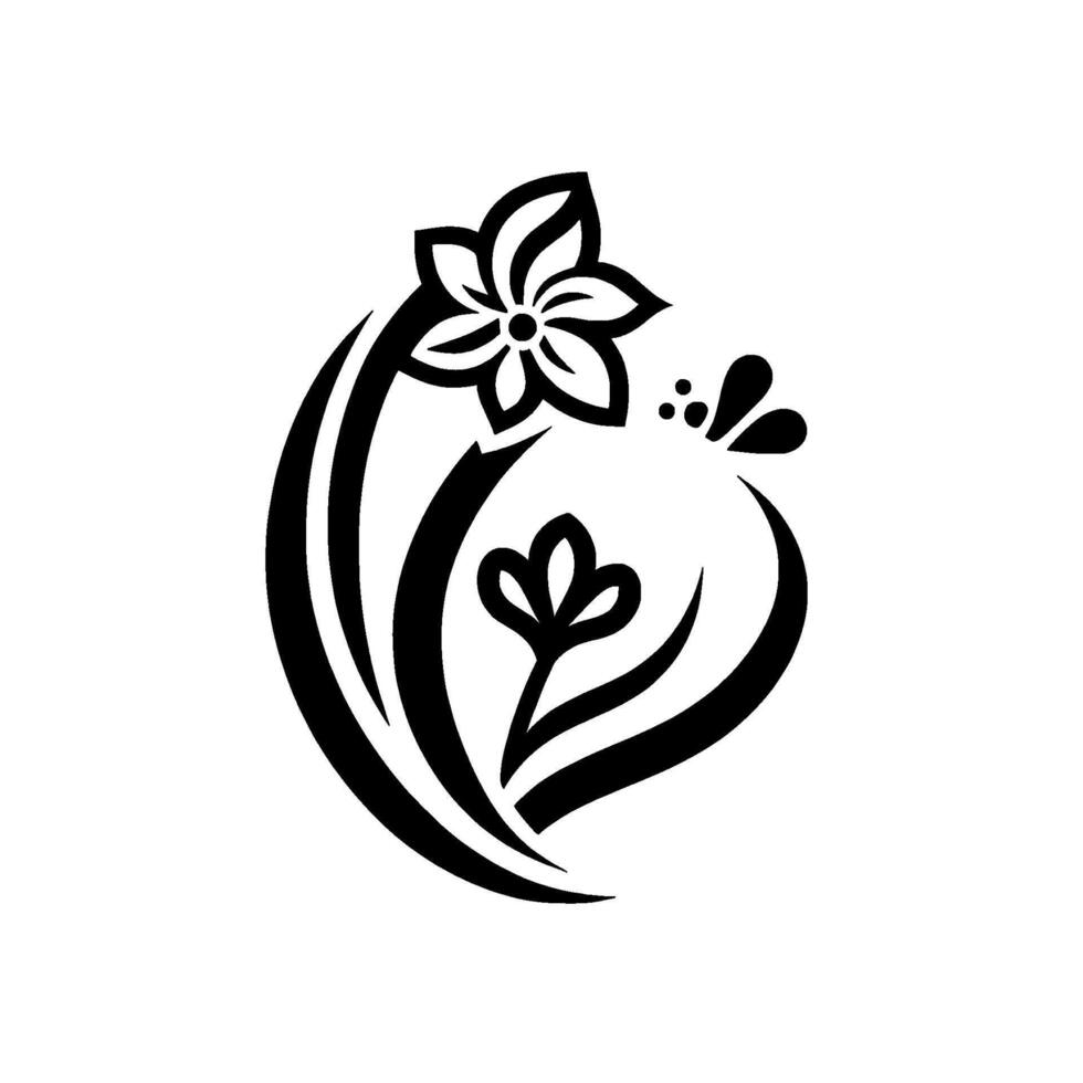Minimalist black and white floral with two stylized flowers, leaves, and abstract butterfly accents on a blank white background. vector