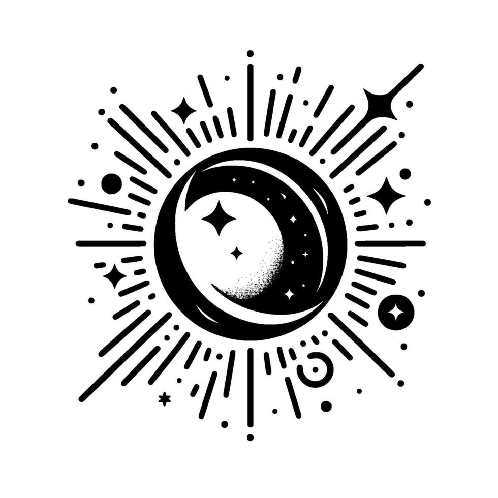 Celestial Black and White Illustration Crescent Moon, Stars, and Bursting Radiance, Emblem of Night vector