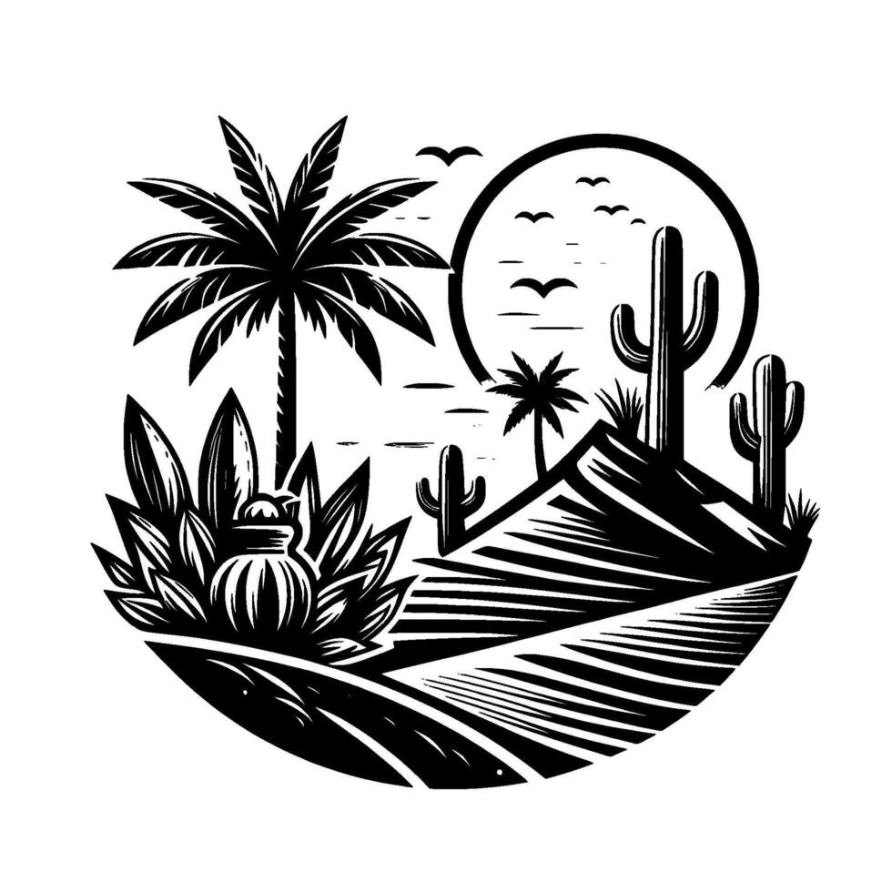 Stylized Black and White Desert Landscape Palm Trees, Cactus, Mountains, Sun, Birds, and a Decorative Jar within an Artistic Circle. vector