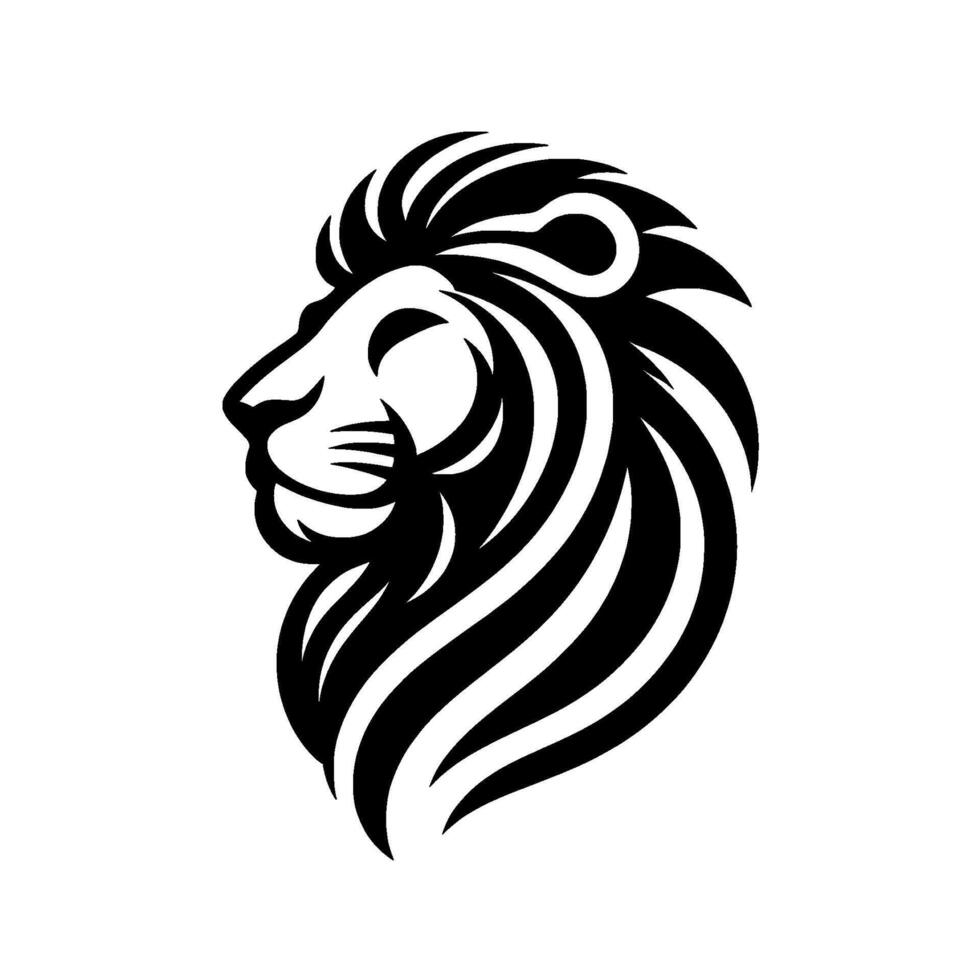 Striking Black and White Silhouette of a Regal Lions Head in Profile with Bold Lines and a Majestic Mane. vector