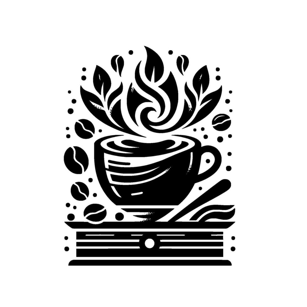 Artistic Black White Coffee Illustration Featuring a Steaming Cup, Beans, Leafy Steam, Spoon, and Geometric Base. vector