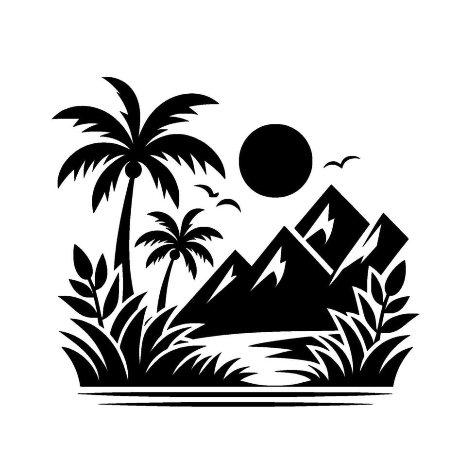 Minimalist Black and White Tropical Island Silhouette Depicting Palm Trees, Mountains, Sun, Birds, and Foliage, Creating a Scenic Landscape. vector