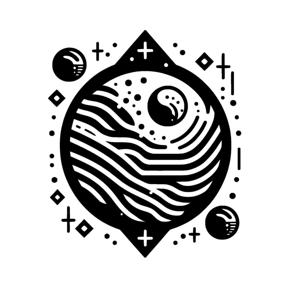 Abstract Black and White Geometric with Symbolic Yin Yang Wave and Star Motifs, in a Round, Diamond, and Dot Border. vector