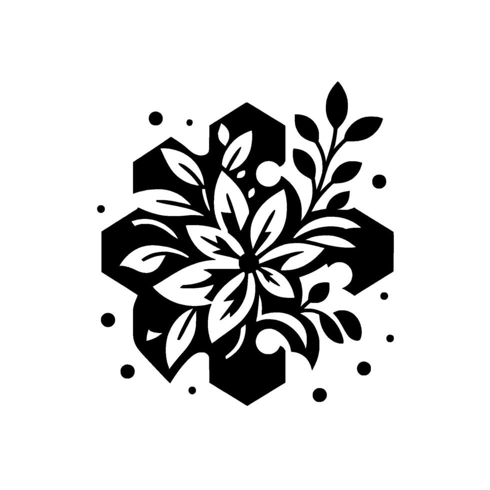 Geometric Floral Composition Black White Featuring a Centered Flower within a Hexagonal Frame with Leafy Sprigs, Dots. vector