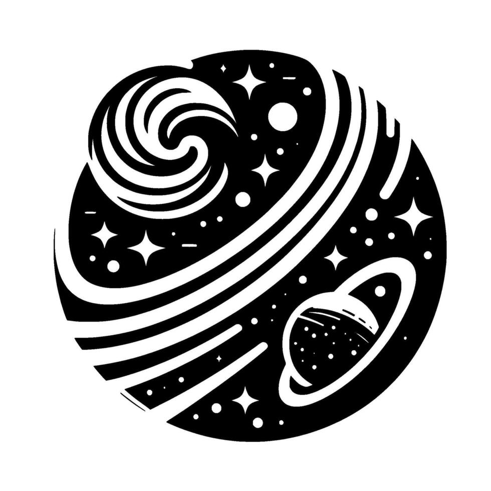A stylized monochromatic celestial illustration featuring a swirling galaxy, ringed planet, stars, and cosmic elements within a circular design. vector