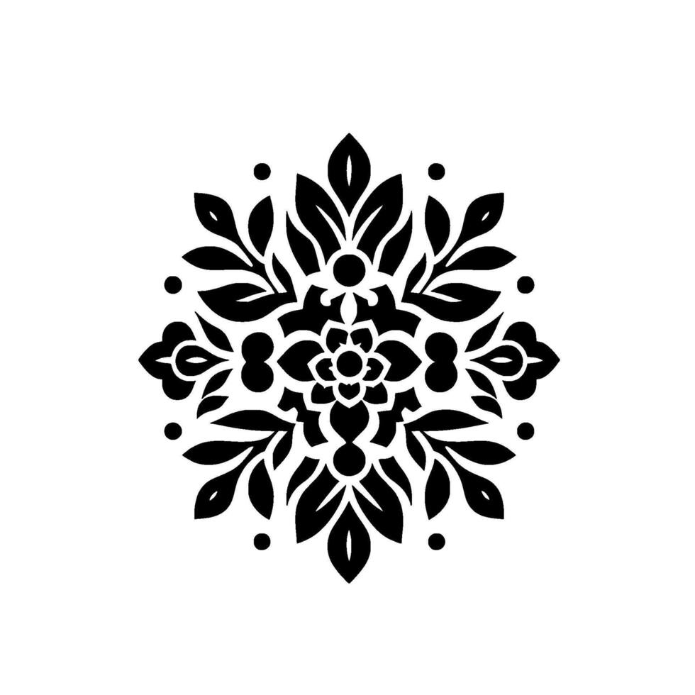 Symmetrical Black Floral Mandala with Leaves, Petals, and Dots, Set Against a Clean White Background. vector