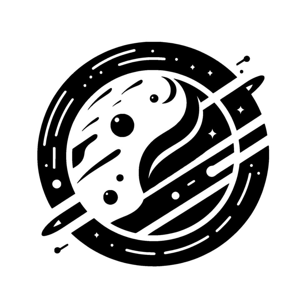 Yin Yang Planet in Space A stylized black and white illustration featuring celestial elements, encompassing balance and cosmic harmony. vector