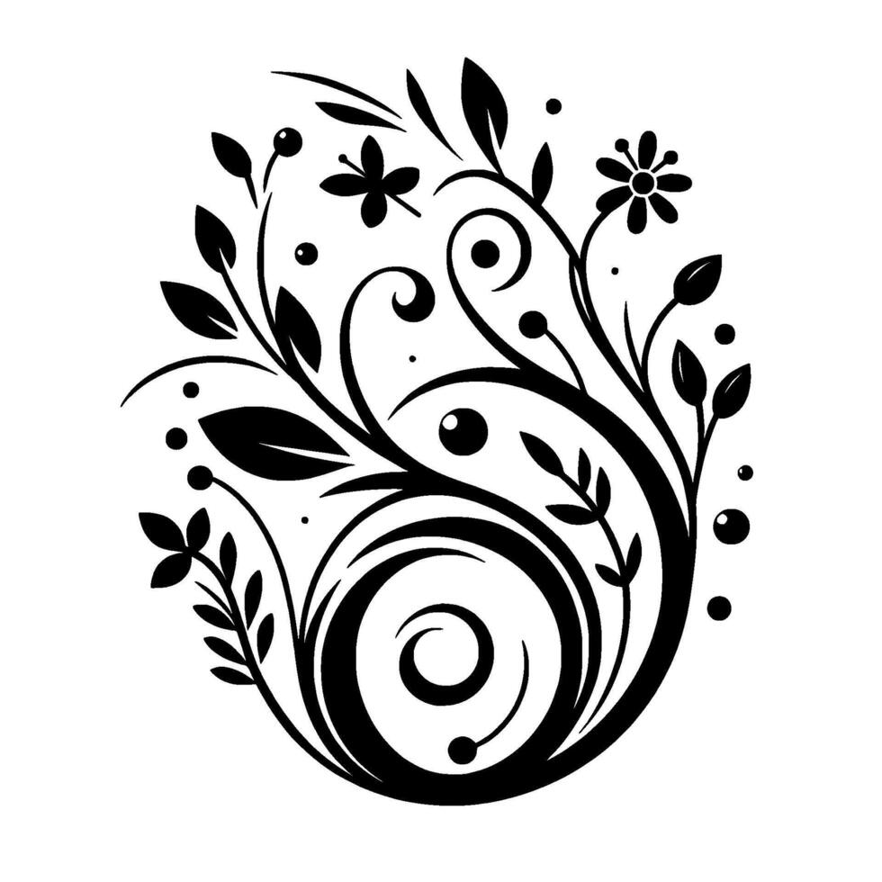 Elegant Black and White Floral with Swirls, Leaves, and Flowers in Oval Formation on a Clean Background vector