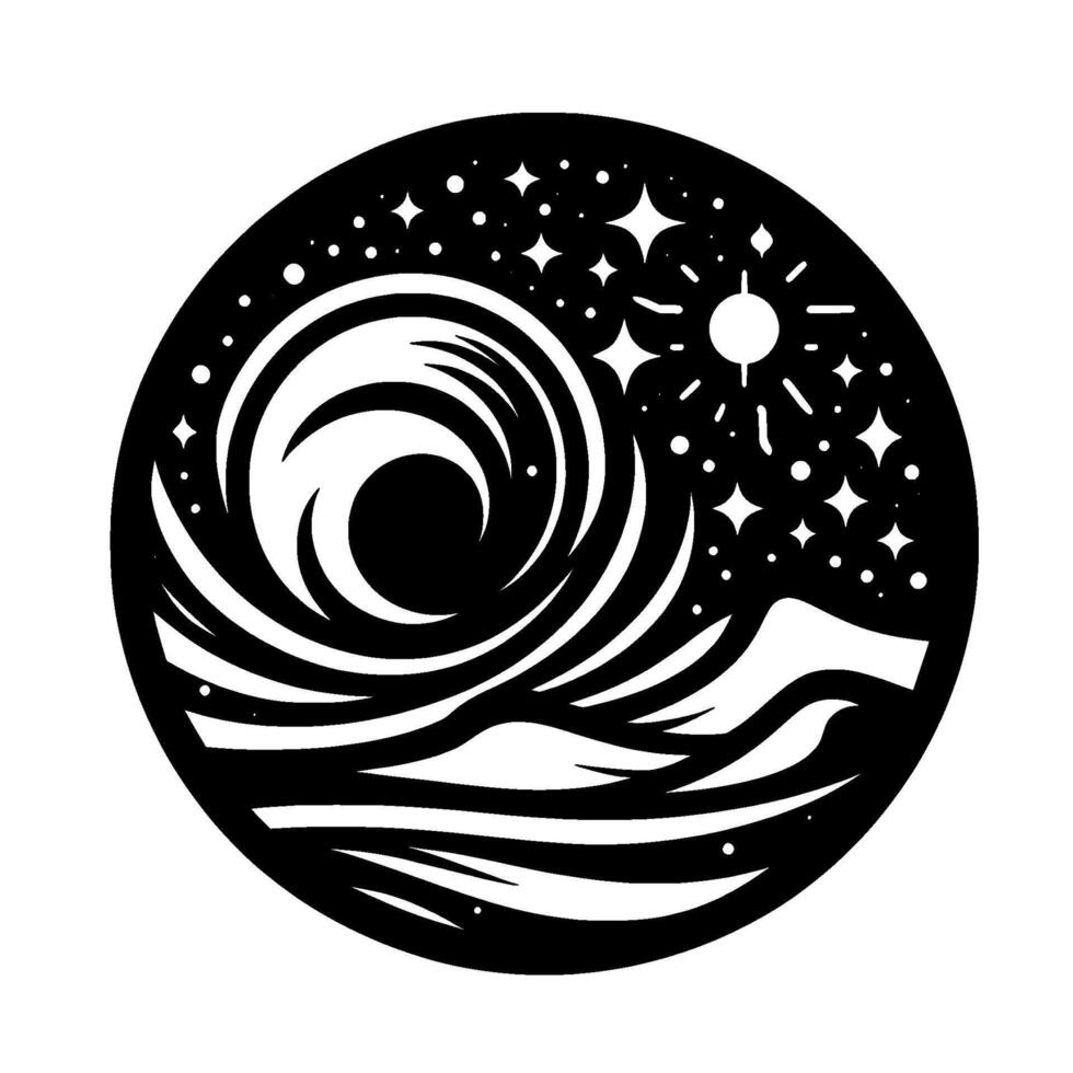 Black and White Circular with Swirling Water, Starry Sky, Sun and Mountains Depicting a Night Scene. vector