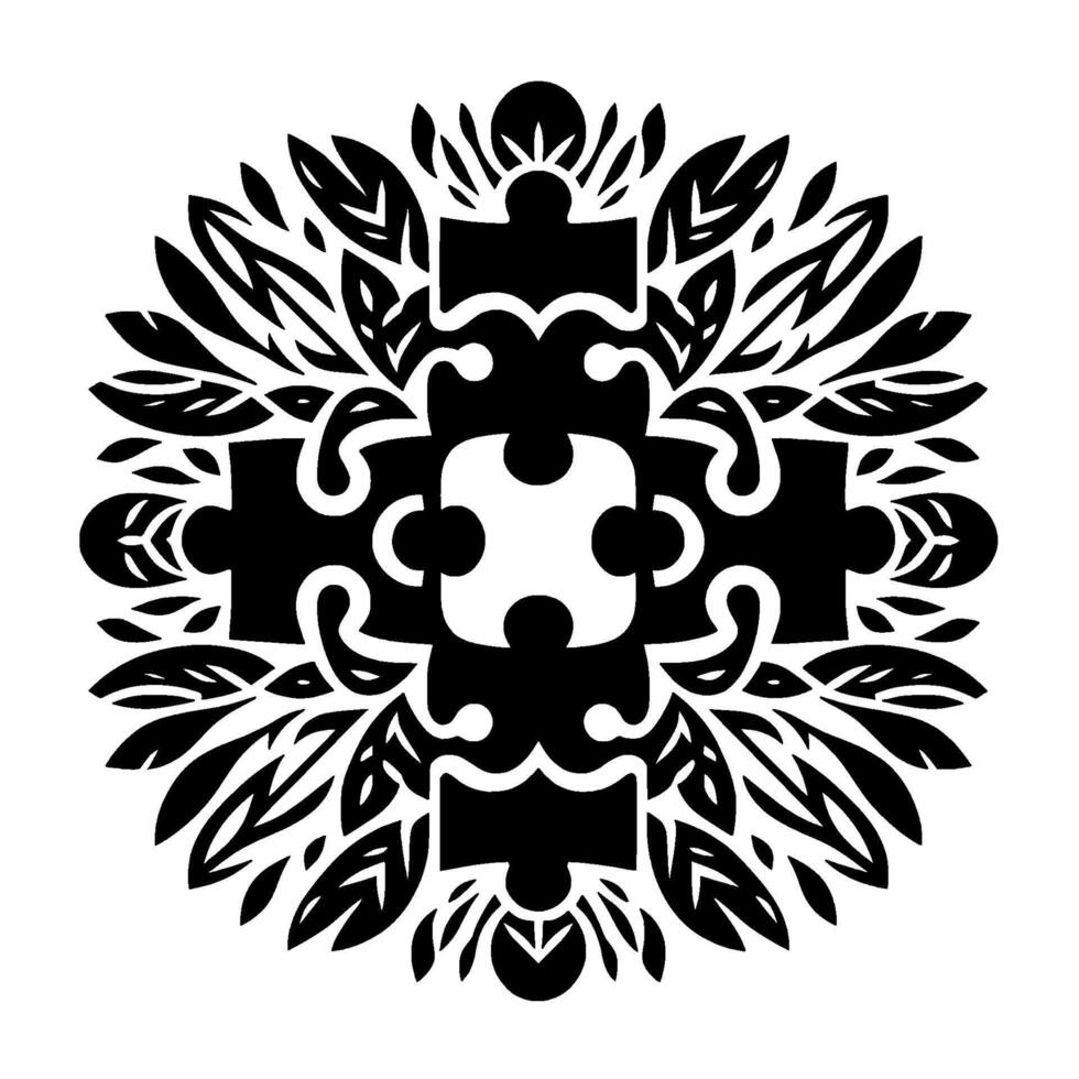 A symmetric, black and white design, featuring interconnected puzzle pieces surrounded by an organic leaflike motif, evoking harmony. vector