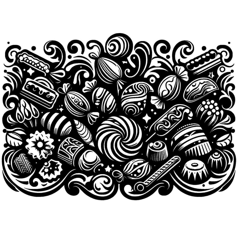 Black and White Intricate Candy Composition Featuring Swirls, Swirls, Treats, and Dessert Motifs in a Decorative Pattern. vector