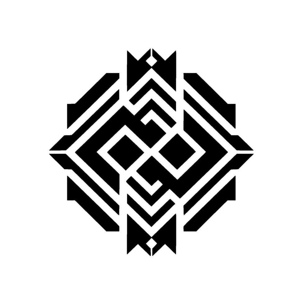 Geometric Black and White Ornament Symmetrical Abstract with Angular Shapes, Lines, and Square Accents on a White Background. vector