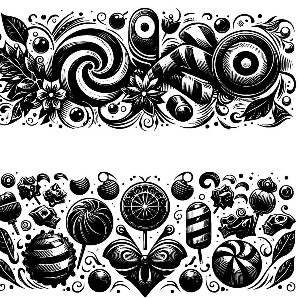 Intricate Black and White Candy Swirls, Lollipops, and Floral Elements Border vector