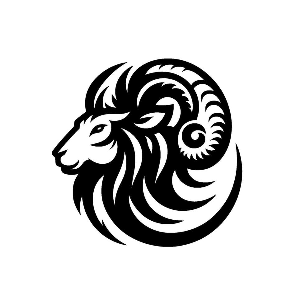 Minimalist Black and White Aries Zodiac Ram Head Emblem, Silhouette, Spiraling Horns on White Background. vector